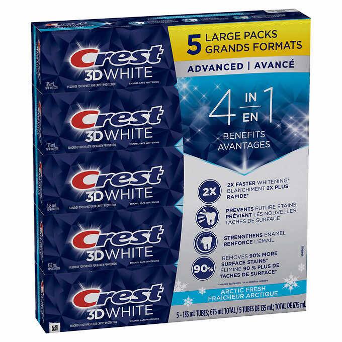 Crest 3D White Advanced, Teeth Whitening Toothpaste Arctic Fresh, 5 x 135 mL