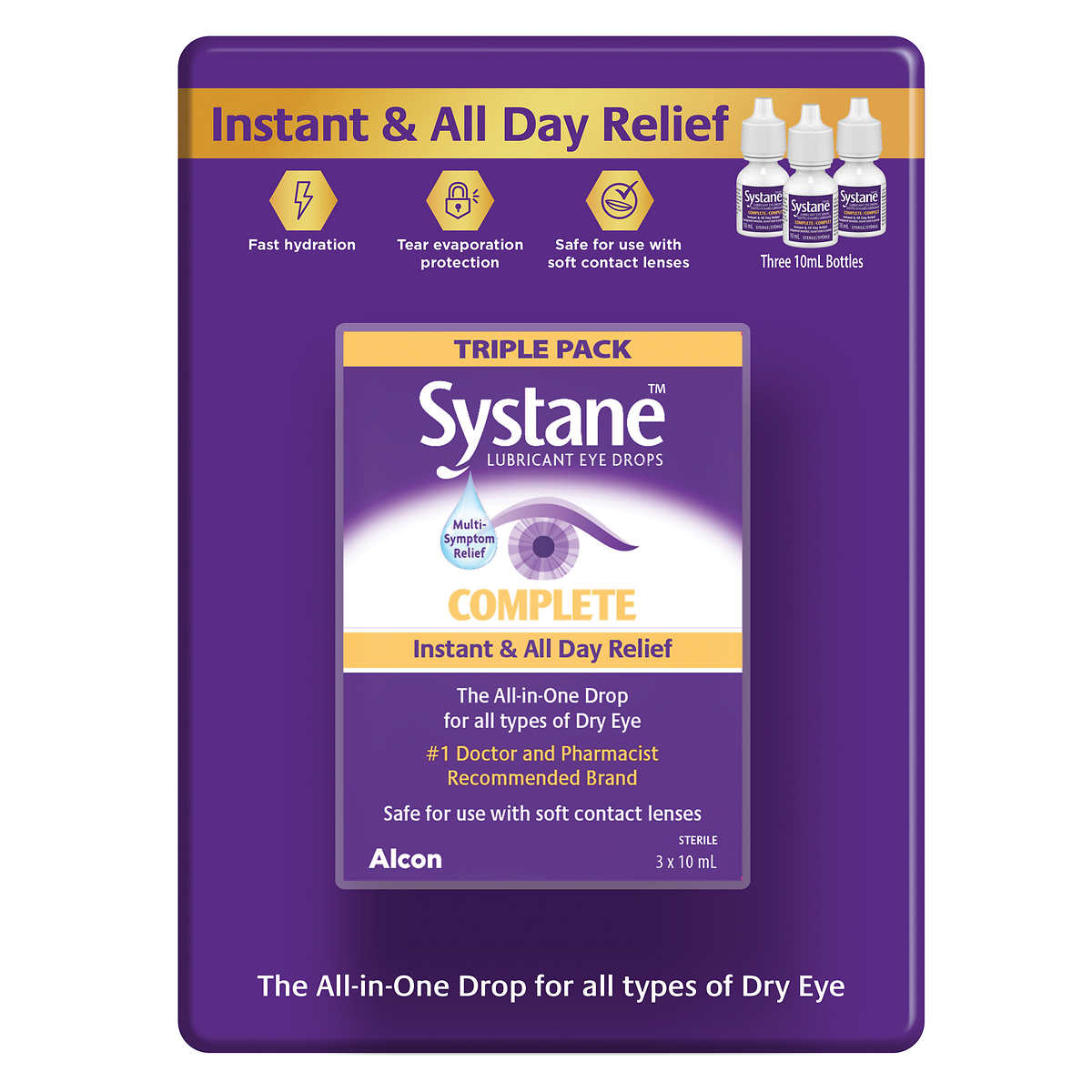 Systane Complete-lubricant Eye Drops, 3 × 10 mL Bottles 人工泪液滴眼液眼药水 润眼温和无防腐剂10ml×3（紫色升级版）